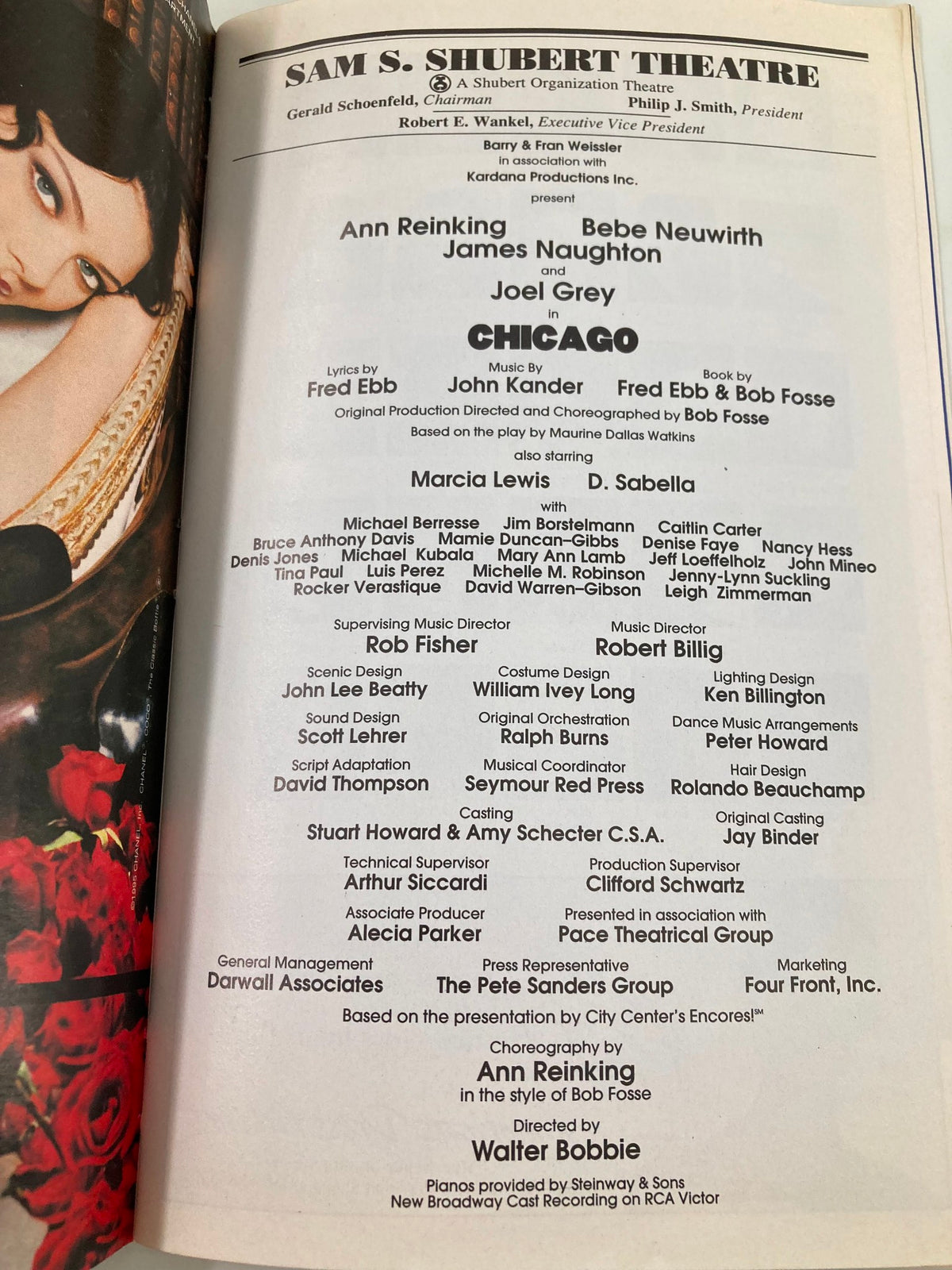 1997 Playbill from the Sam S. Shubert Theatre featuring Ann Reinking and Bebe Neuwirth in Chicago, showcasing the cast and creative team involved in this iconic Broadway production.