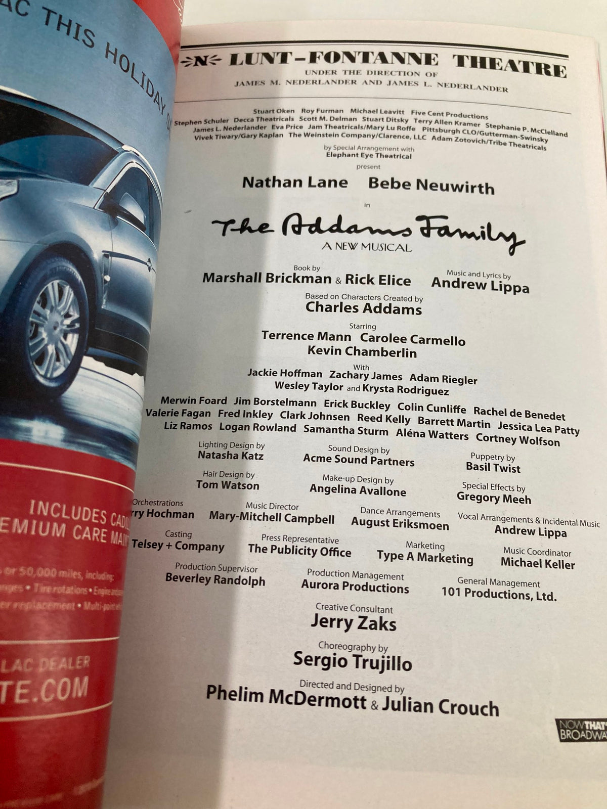 Back inside cover of the 2010 Playbill for The Addams Family listing cast and crew including Nathan Lane and Bebe Neuwirth.