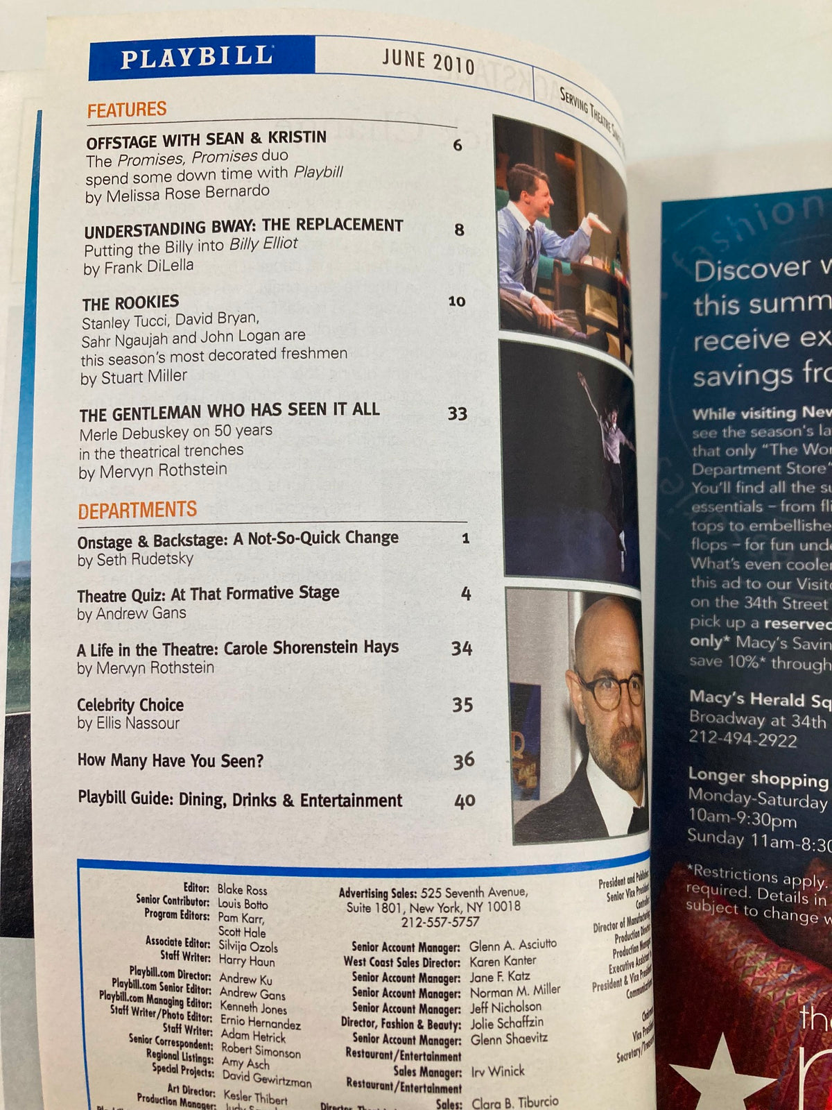 June 2010 Playbill page with listings including Offstage with Sean & Krista and features from The Rookie, part of the In The Heights playbill.