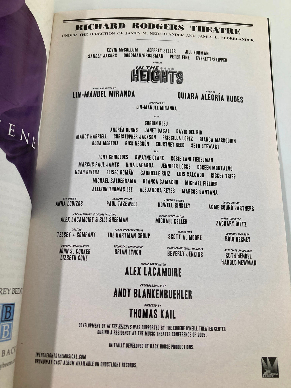Cast and crew details of the In The Heights performance at Richard Rodgers Theatre, highlighting Lin-Manuel Miranda and Corbin Bleu, from the 2010 Playbill.