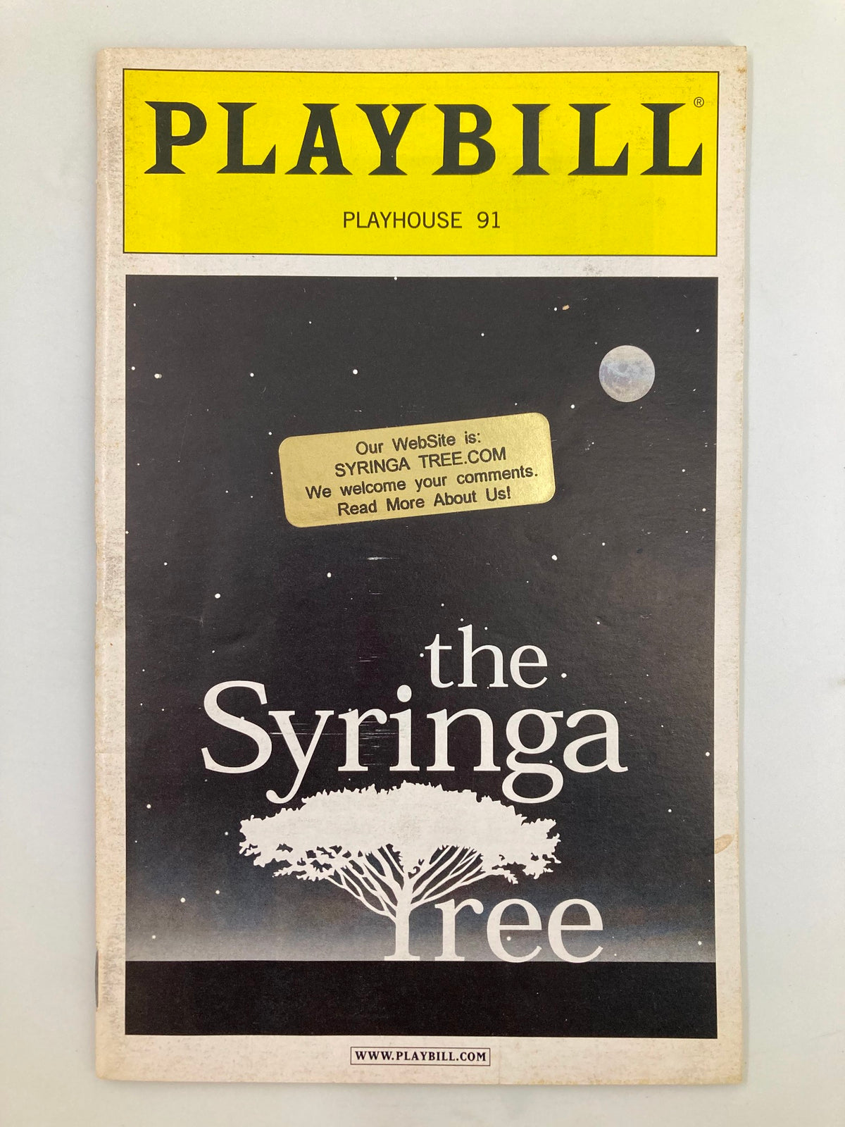 2002 Playbill for The Syringa Tree from Playhouse 91, featuring artwork with a silhouette of a tree and a moon, serving as a historical collectible for theater enthusiasts.