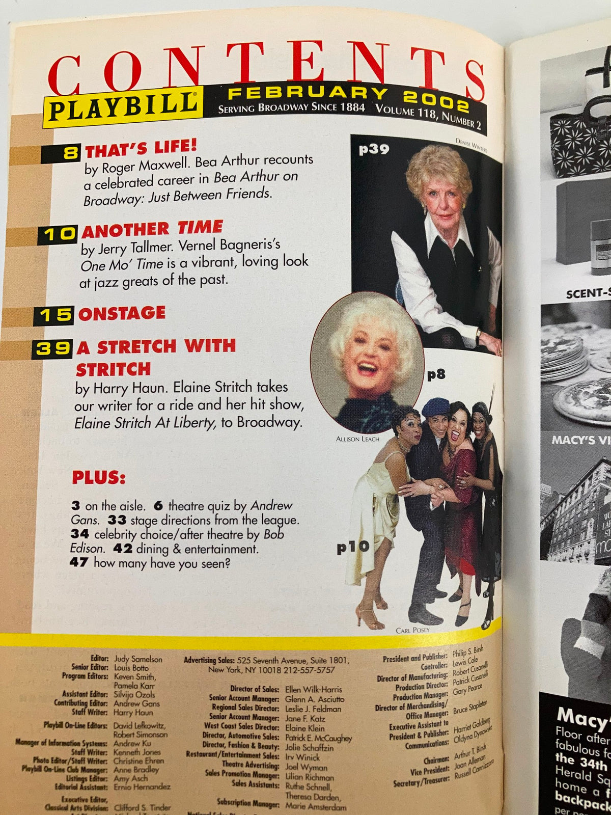 Inside page of the 2002 Playbill for The Syringa Tree, showcasing the table of contents and highlights from February 2002, enhancing the theater experience for fans.