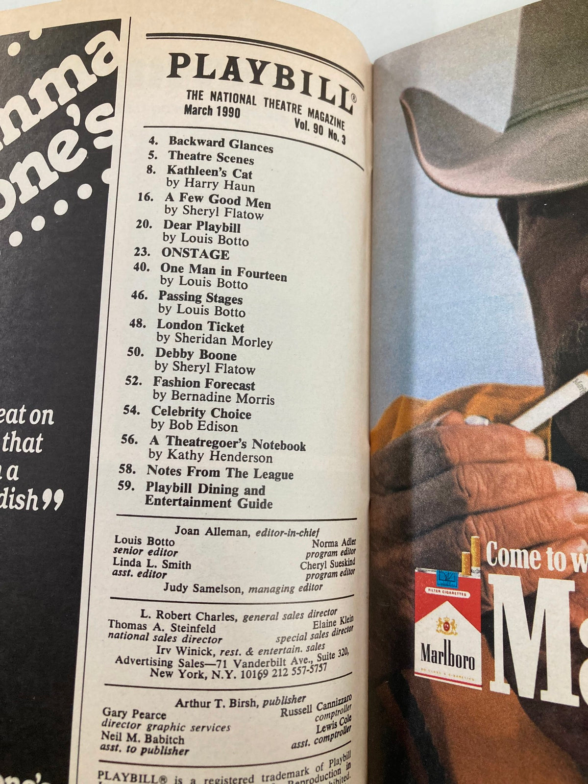 Interior page of the March 1990 Playbill listing various theatre productions, with features and articles related to the theatre.