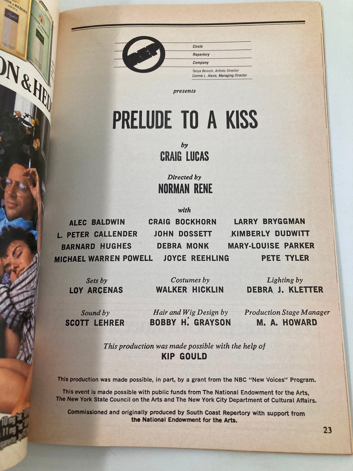Production details page from the Playbill for Prelude To A Kiss, including director, cast, and creative team information.