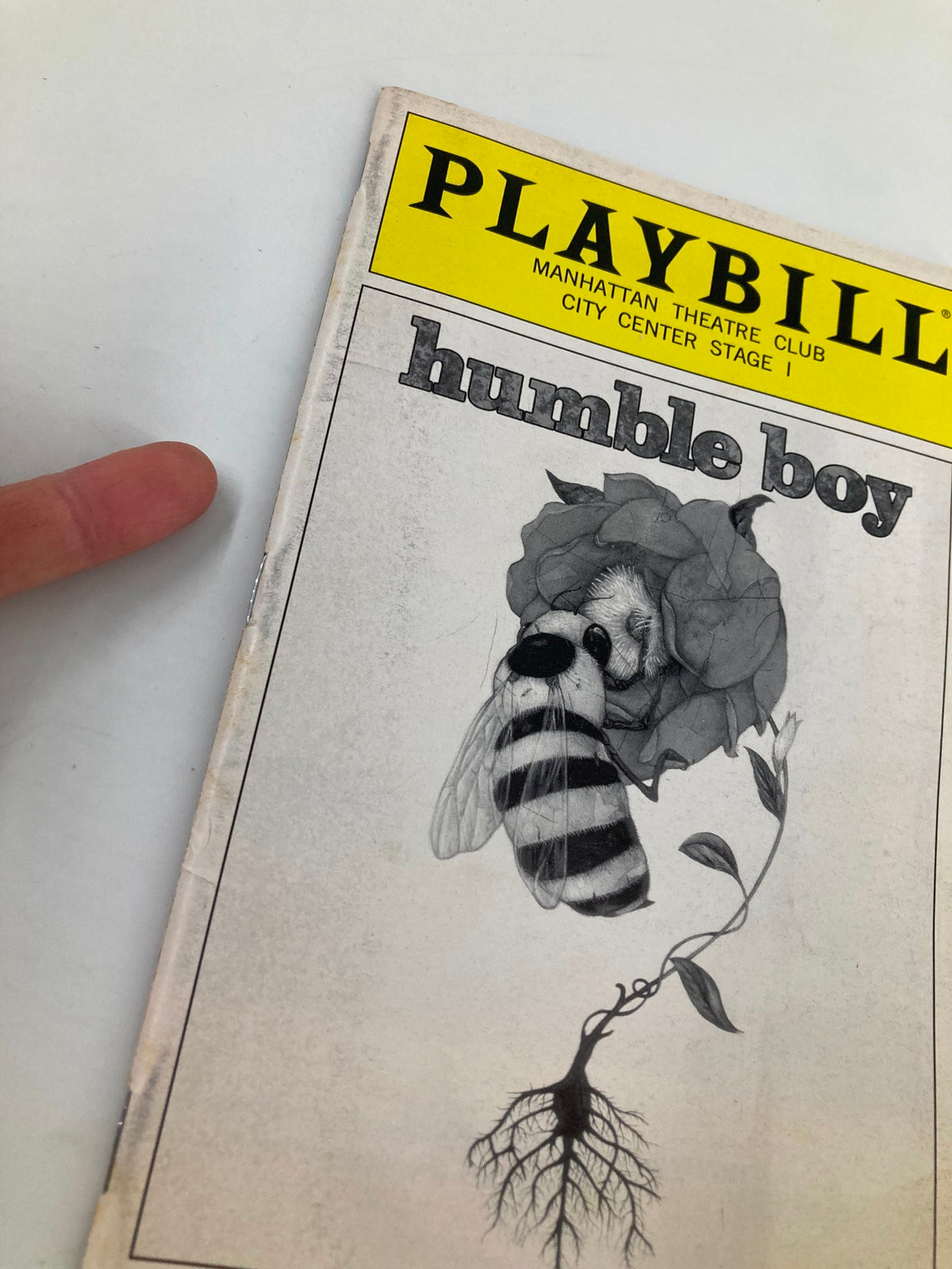 Close-up view of the 2003 Playbill from the Manhattan Theatre Club production of Humble Boy, highlighting the title and artistic details.