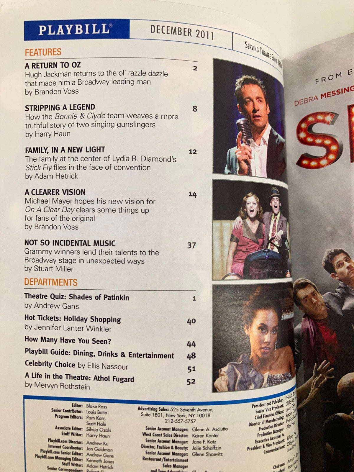 Inside page of the 2011 Playbill for Godspell, highlighting articles and feature stories related to Broadway performances, including A Return to Oz.