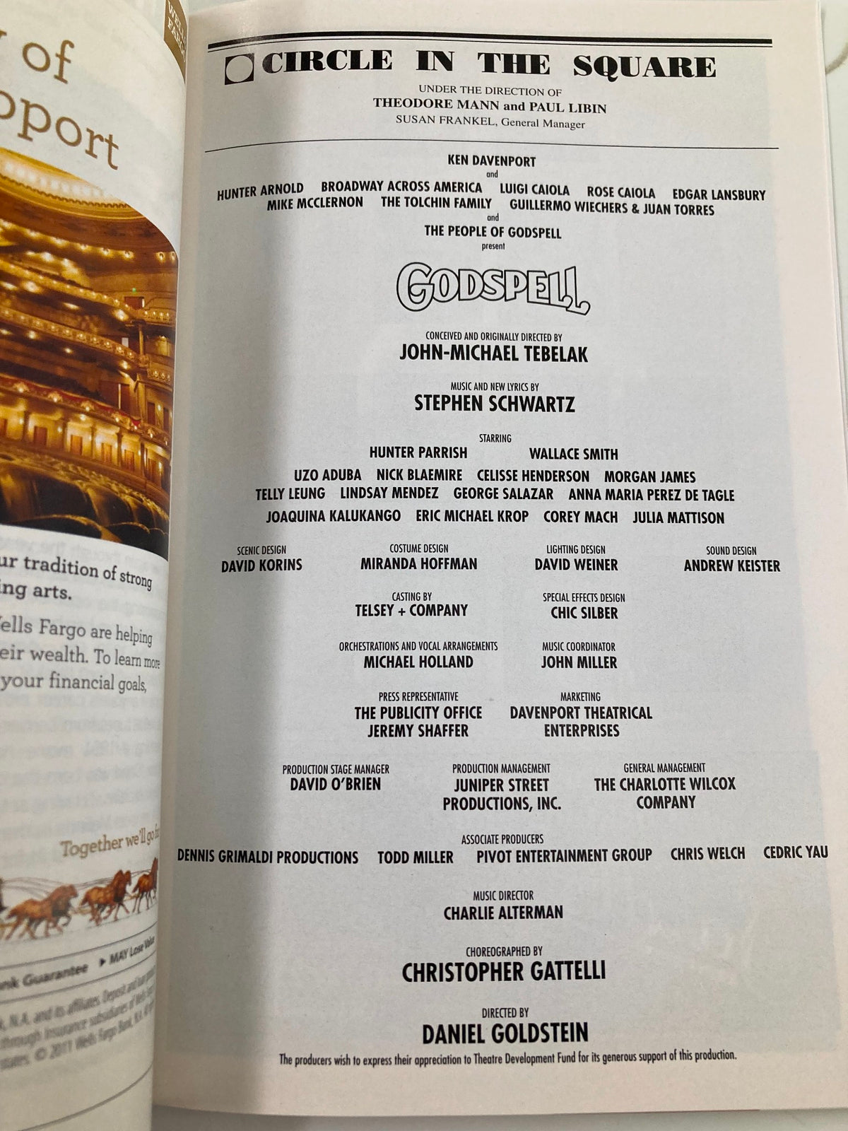 Cast and crew list from the 2011 Playbill for Godspell at Circle in the Square, detailing contributors like Hunter Parrish and Wallace Smith.