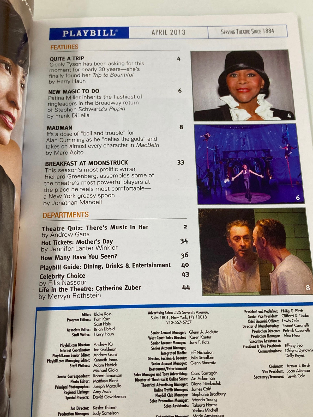 Inside page of the 2013 Playbill for Lucky Guy, showcasing theater features and articles.