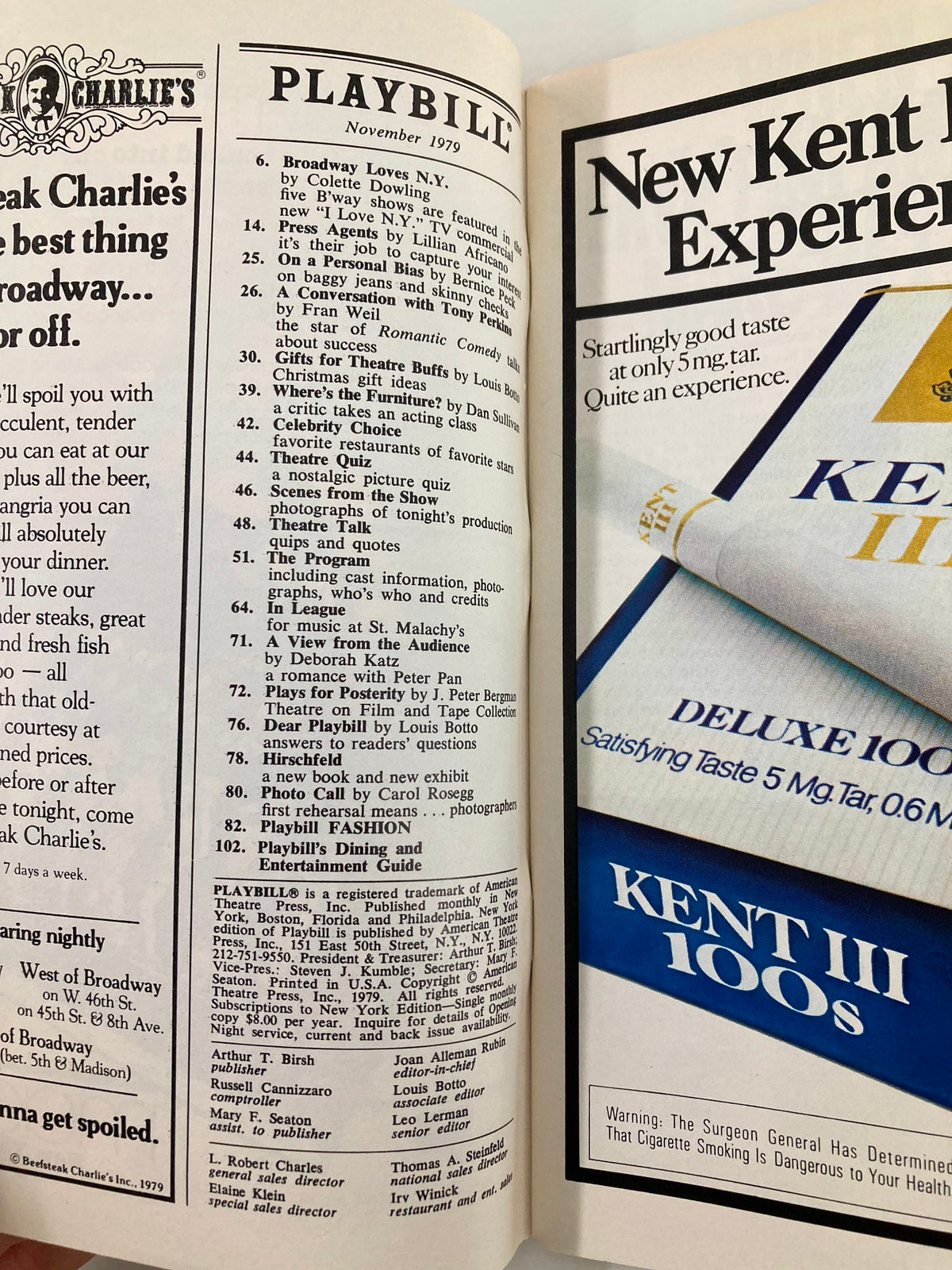 Inside view of the 1979 Playbill for The Booth Theatre, listing performances and advertisements from November 1979.