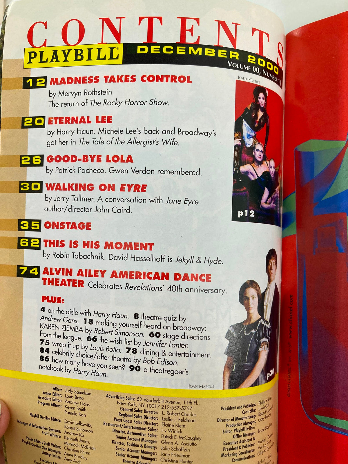 Contents page from the December 2000 Playbill, featuring listings including Blue Man Group 'Tubes' among other notable Broadway performances.