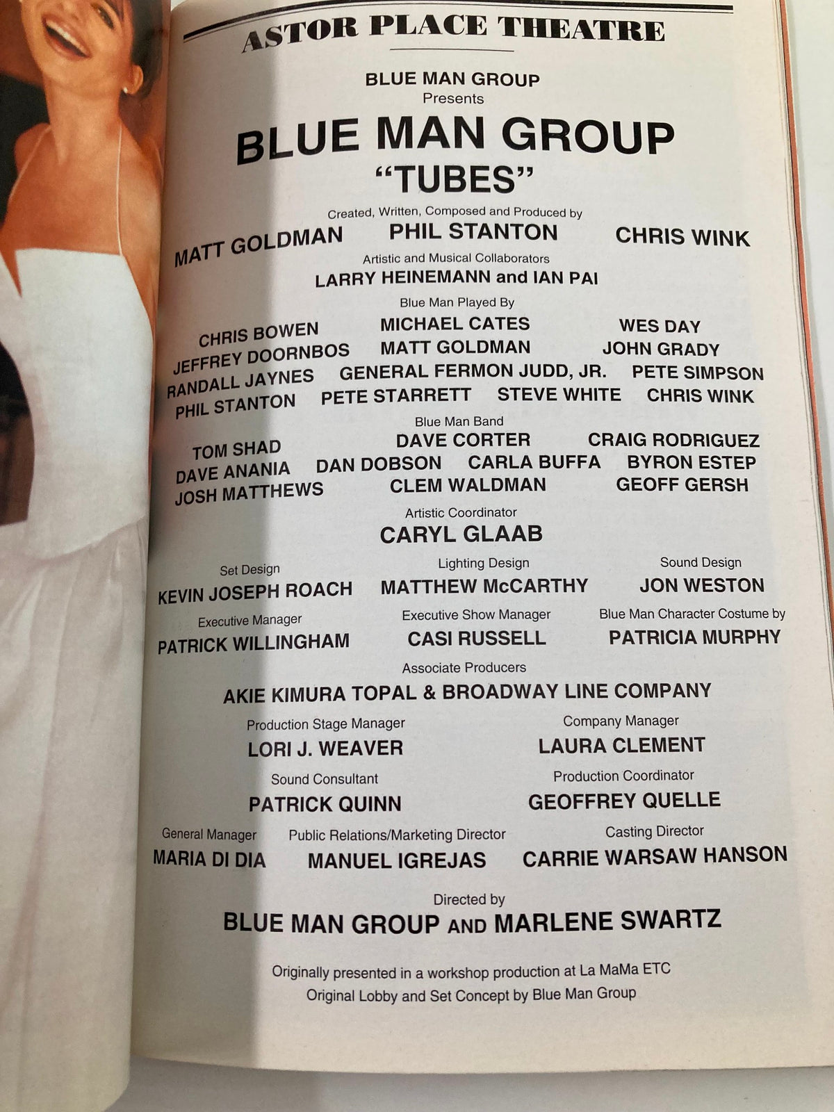 2000 Playbill for the Blue Man Group production "Tubes" at Astor Place Theatre featuring cast and crew details including Chris Bowen and Wes Day, displayed in good condition with some minor wear.