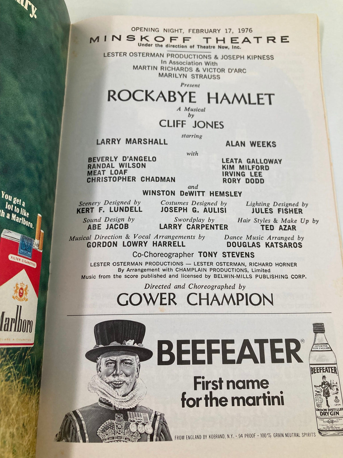 Back cover of the 1976 Playbill for Rockabye Hamlet at Minskoff Theatre, featuring opening night details and advertising.