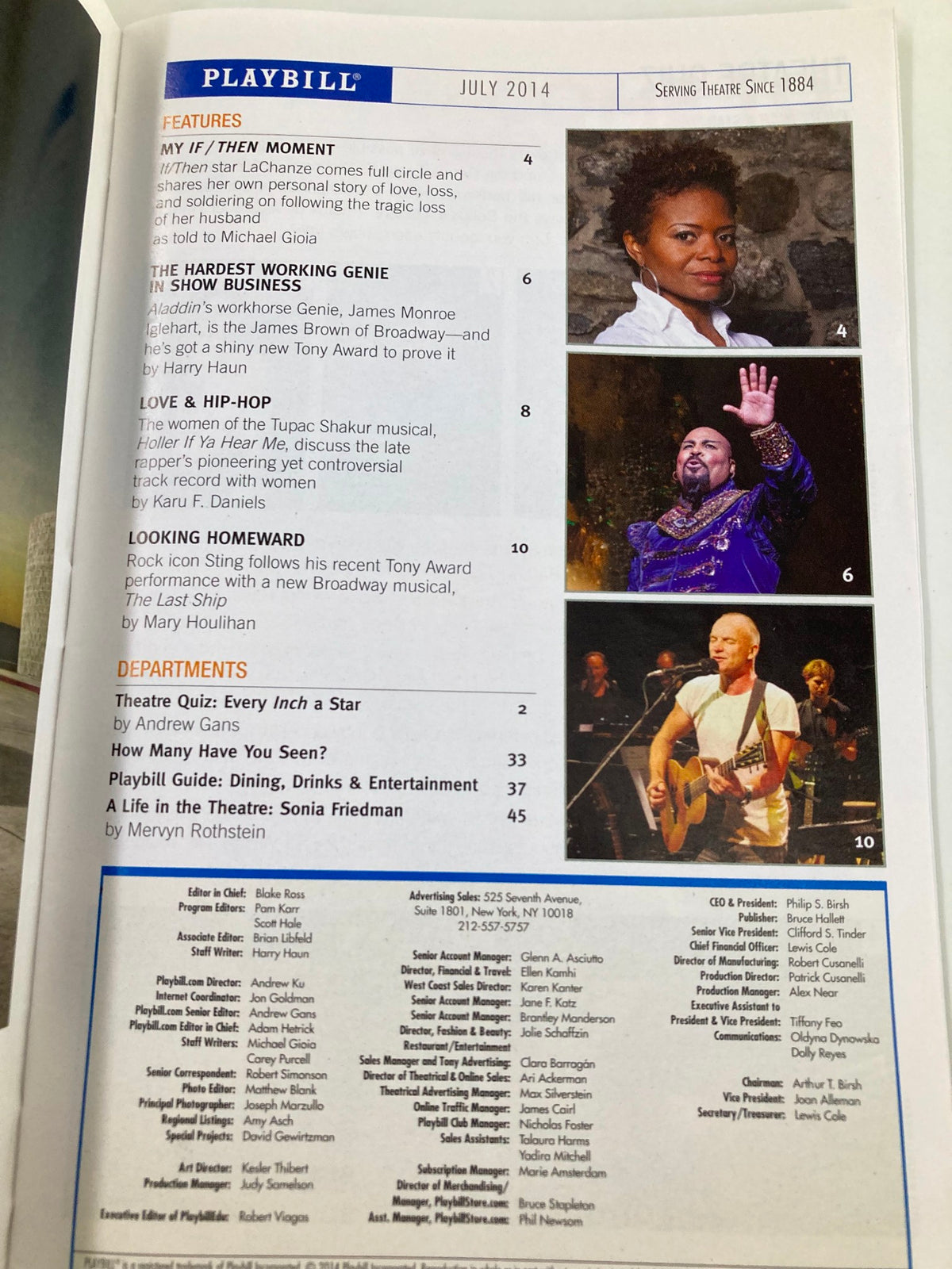 Inside page of the 2014 Playbill for Casa Valentina, highlighting articles and features related to the production at the Manhattan Theatre Club.