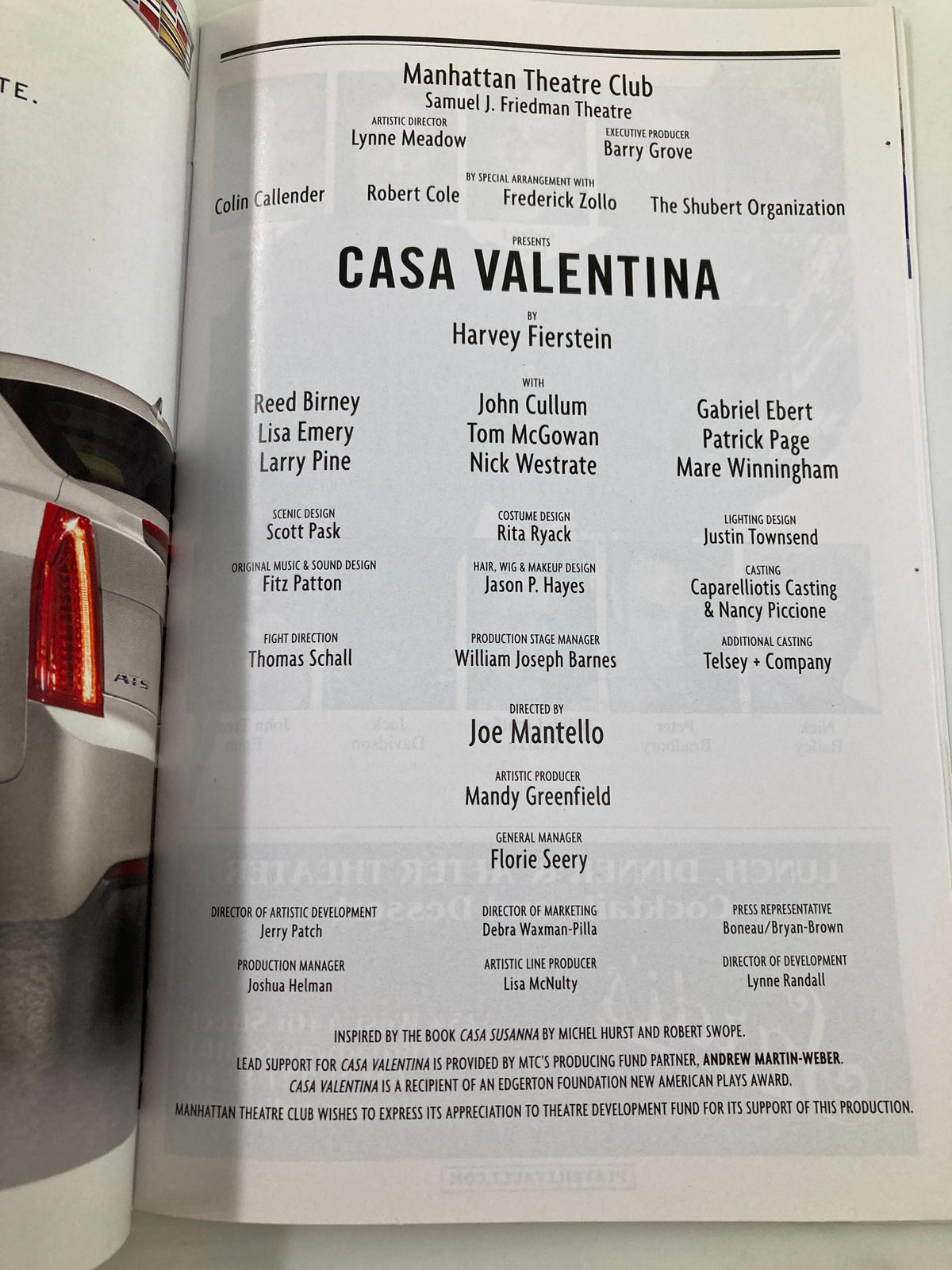2014 Playbill from the Manhattan Theatre Club showcasing the cast and crew details for Casa Valentina, featuring notable actors Reed Birney and John Cullum.