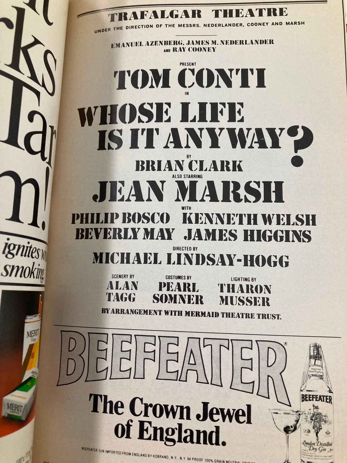 Program details from the 1979 Playbill of 'Whose Life Is It Anyway?' at Trafalgar Theatre, listing cast members including Tom Conti, Jean Marsh, and Philip Bosco.