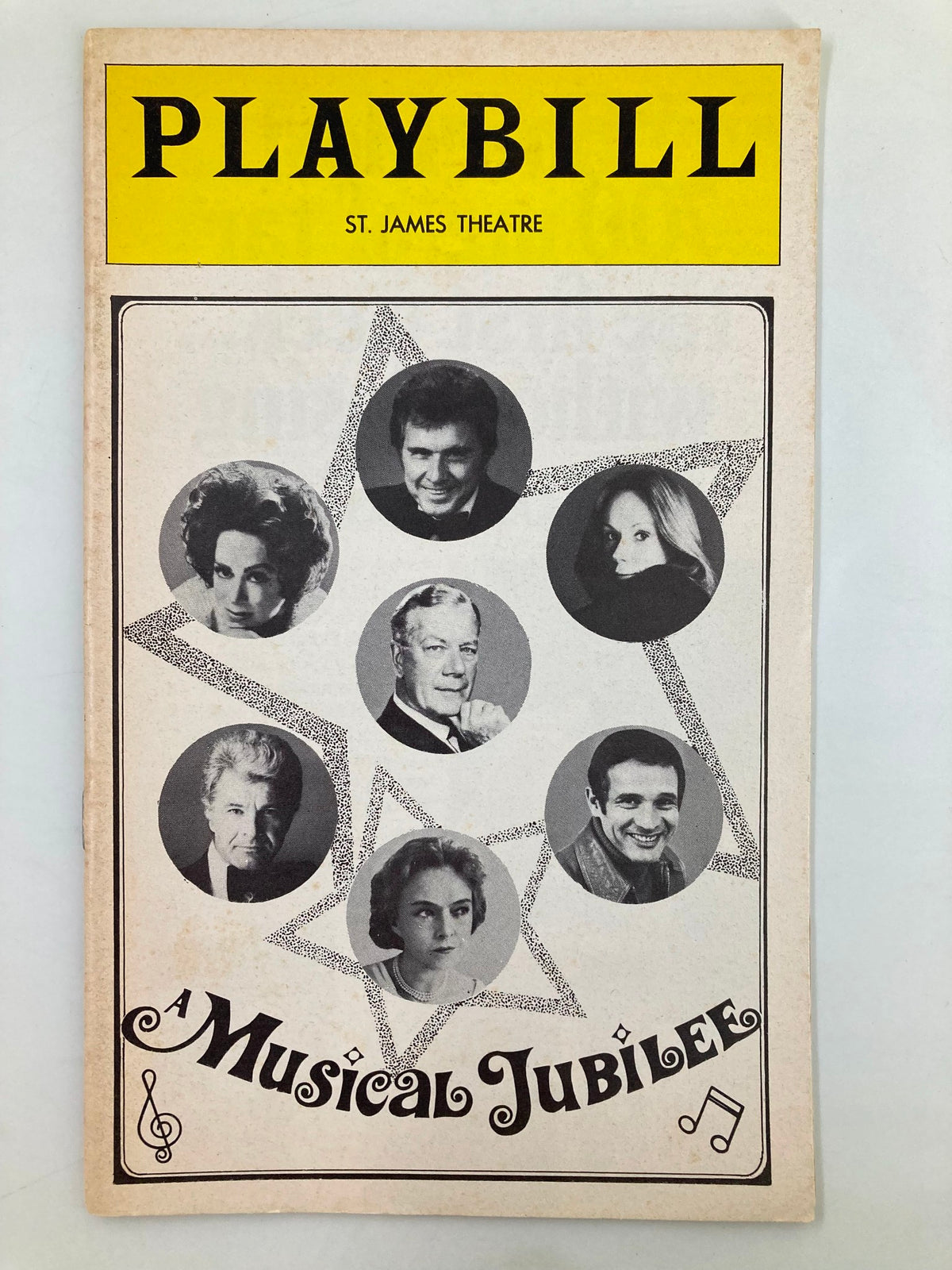 1975 Playbill from St. James Theatre for the musical Jubilee featuring notable performers in a star-shaped layout.