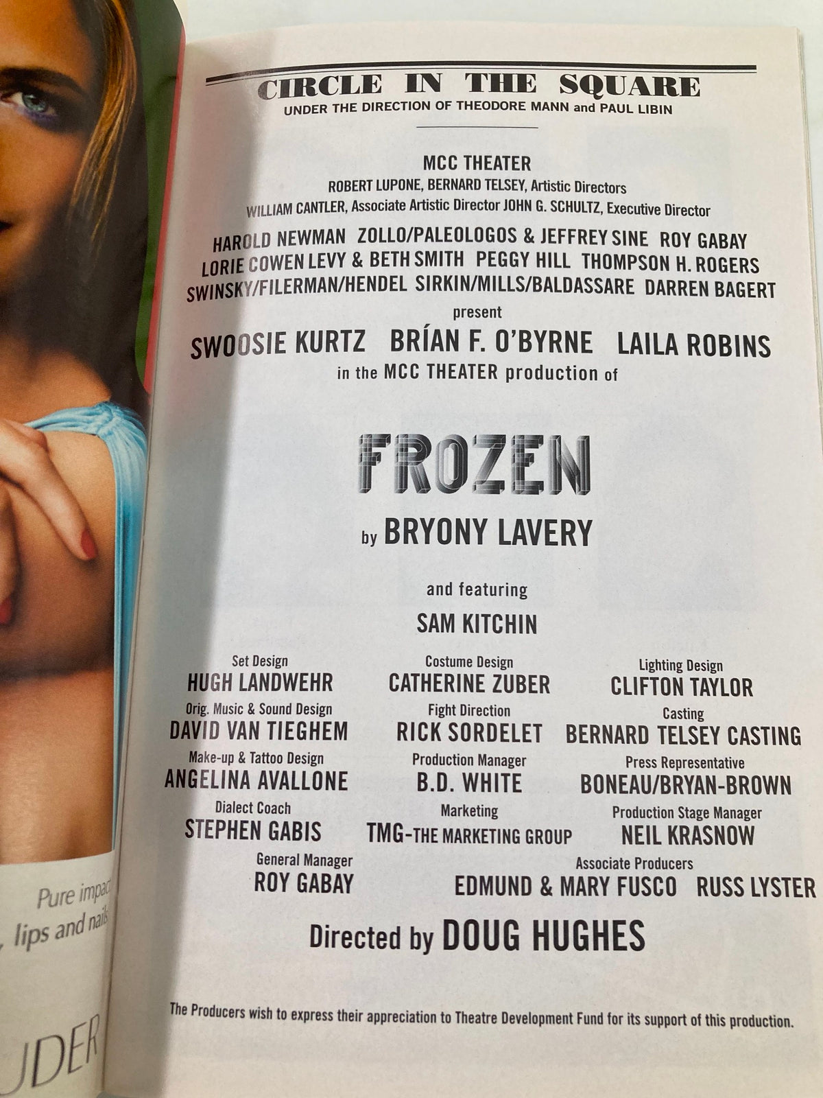 2004 Playbill Circle in the Square Frozen, highlighting the cast and crew details, including Swoosie Kurtz and Sam Kitchin.