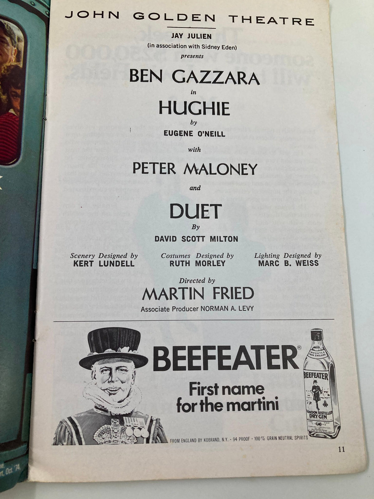 Another interior page of the 1975 Playbill for 'Hughie/Duet' at the John Golden Theatre showcasing cast details, including Ben Gazzara and Peter Maloney, and a vintage advertisement.