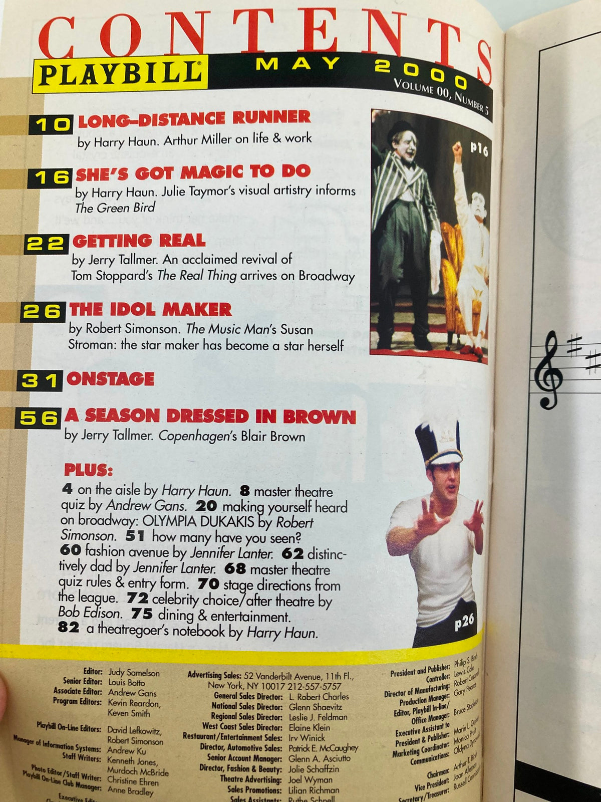 2000 Playbill from Eugene O'Neill Theatre, contents page featuring articles and profiles related to the production 'Waiting in the Wings'.