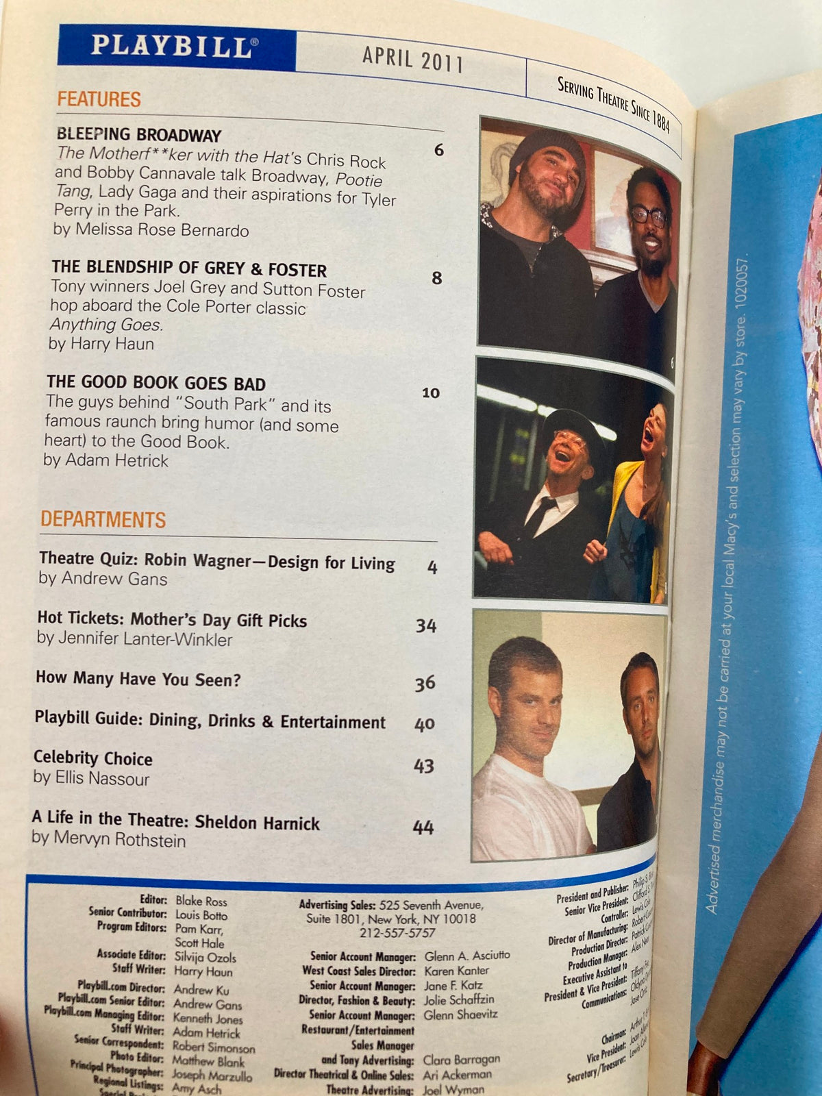 2011 Playbill for How To Succeed In Business Without Really Trying featuring highlights from the April issue, including Bleeping Broadway and The Good Book Goes Bad articles.
