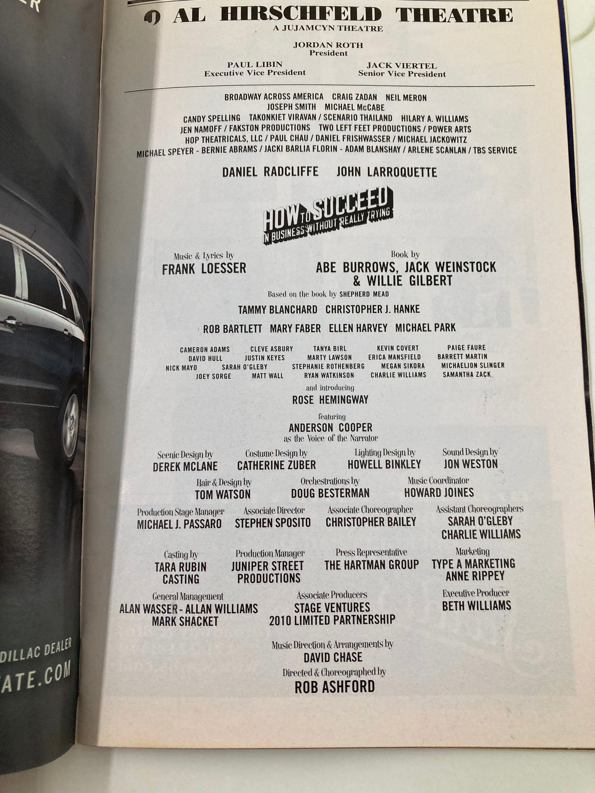 2011 Playbill for How To Succeed In Business Without Really Trying, featuring actor Daniel Radcliffe in the cast list along with details about the creative team and production credits.