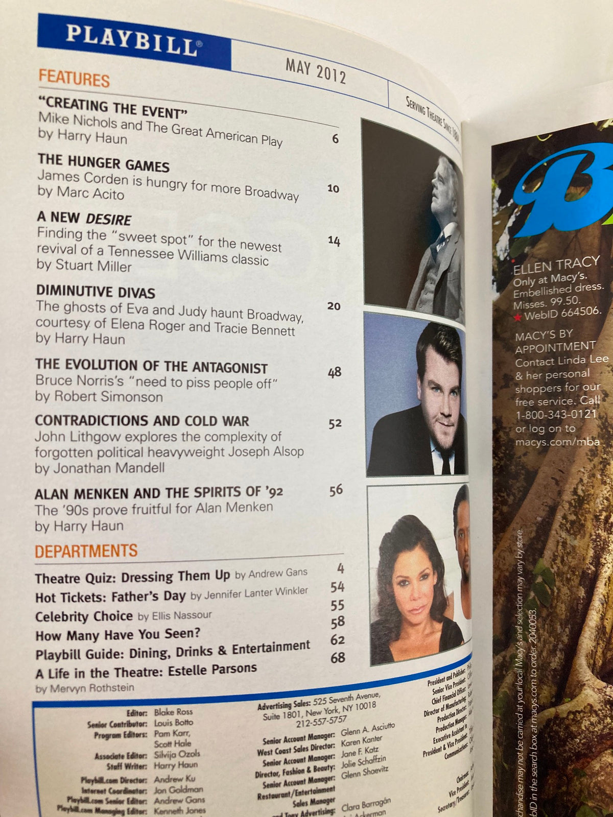 Interior pages of the May 2012 Playbill from Manhattan Theatre Club, highlighting features of the show 'The Columnist', including cast listings and articles.