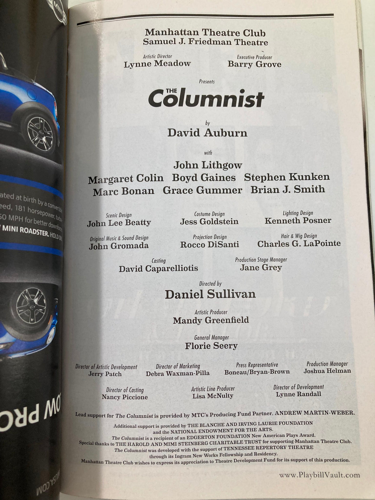 Back page of the 2012 Playbill from Manhattan Theatre Club's 'The Columnist', including production credits and crew details.