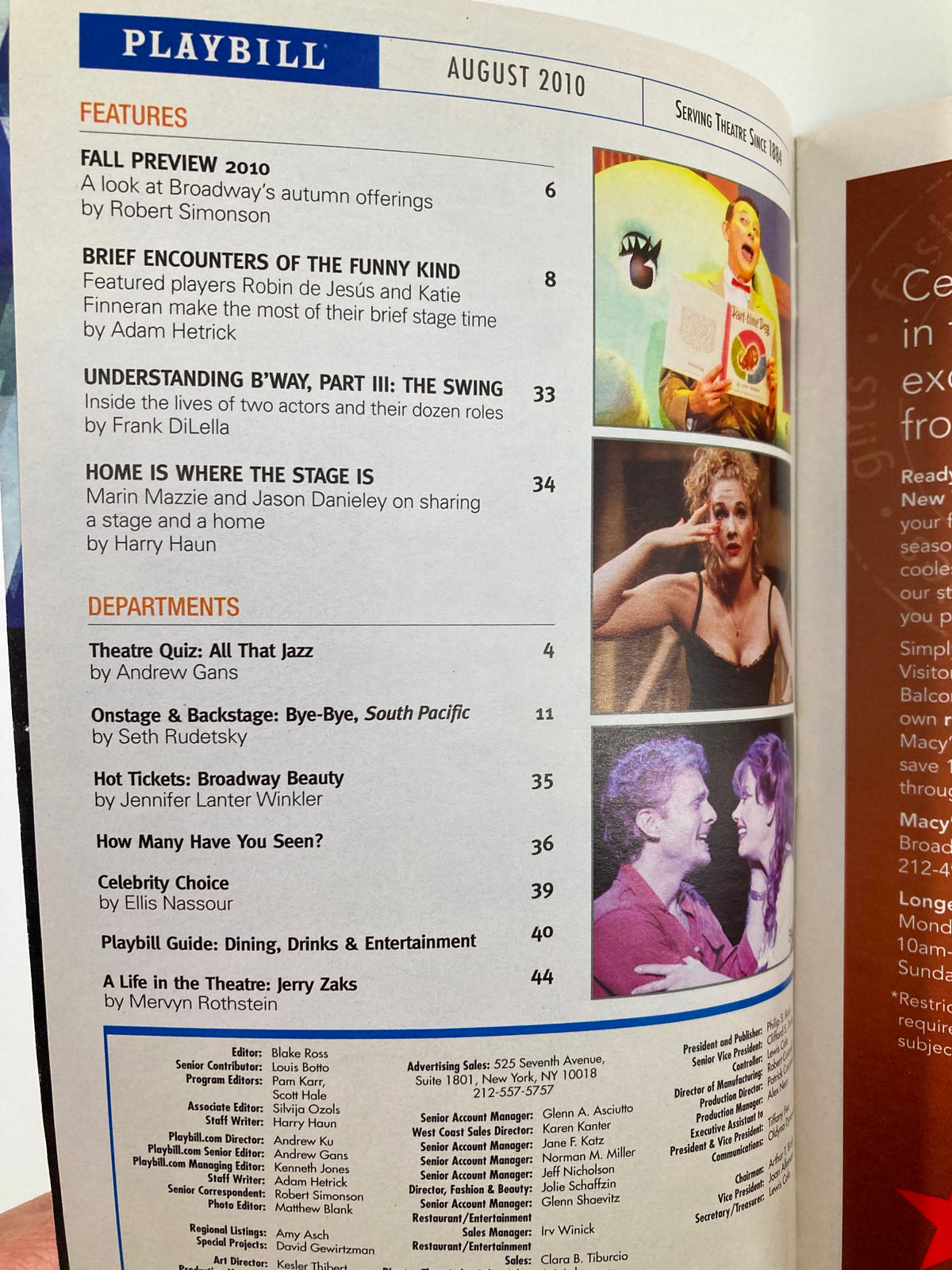Inside view of the August 2010 Playbill featuring a list of featured articles and highlights, including a preview of Broadway's autumn offerings.