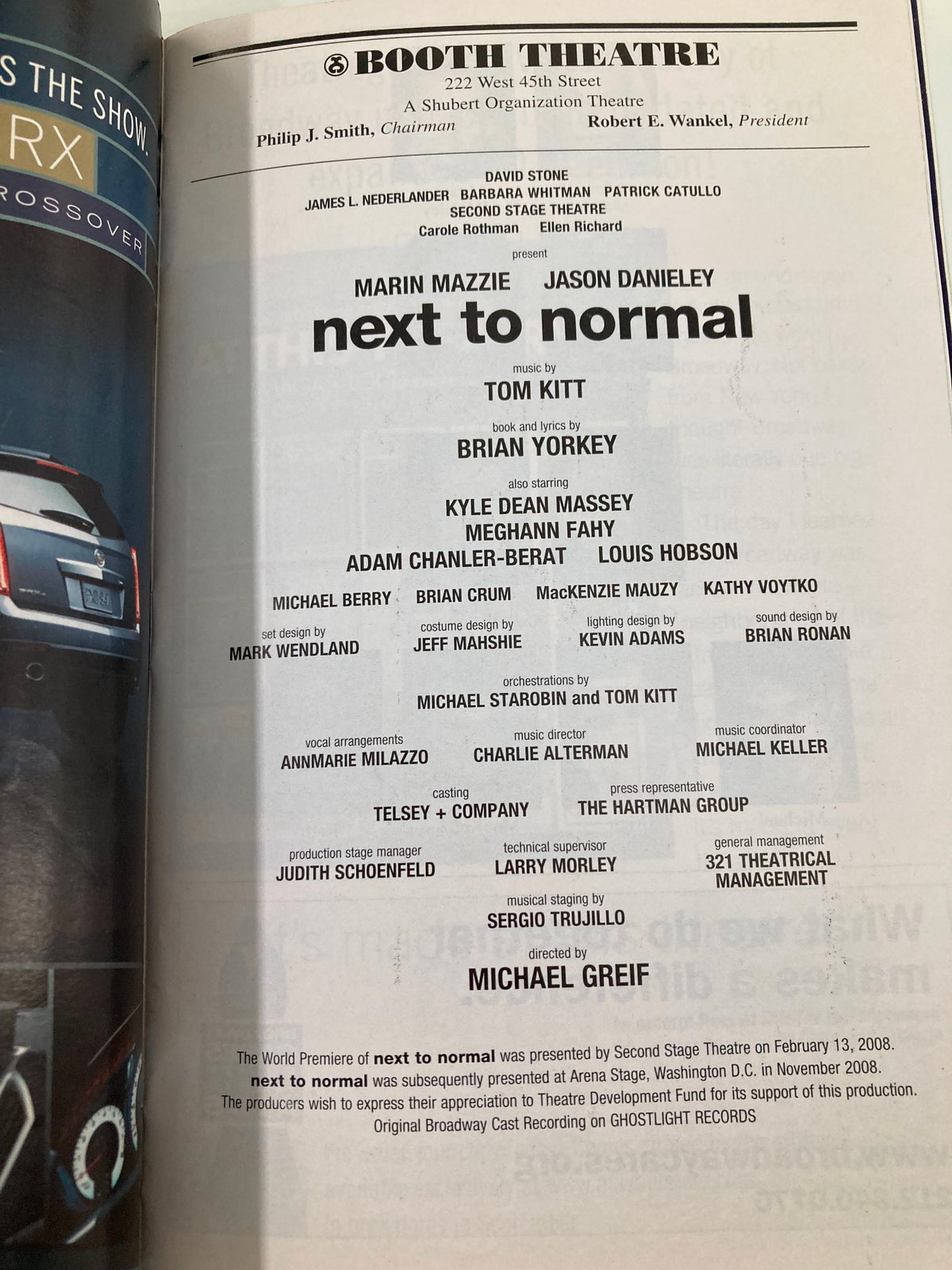 Booth Theatre Playbill for the musical Next to Normal, showcasing cast members Marin Mazzie and Jason Danieley, including production details and credits.