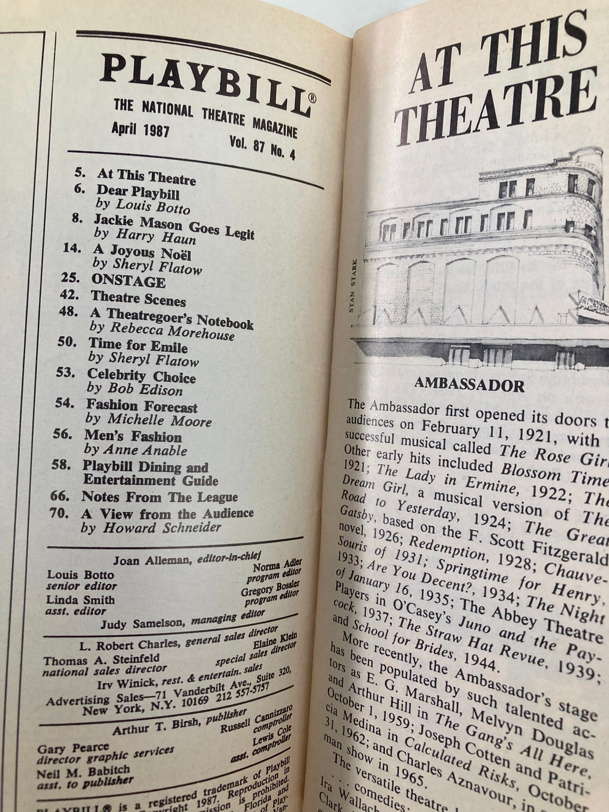 Inside page of the 1987 Playbill for Barbara Cook's A Concert for Theatre, showcasing articles and listings from the April 1987 edition of the National Theatre Magazine.