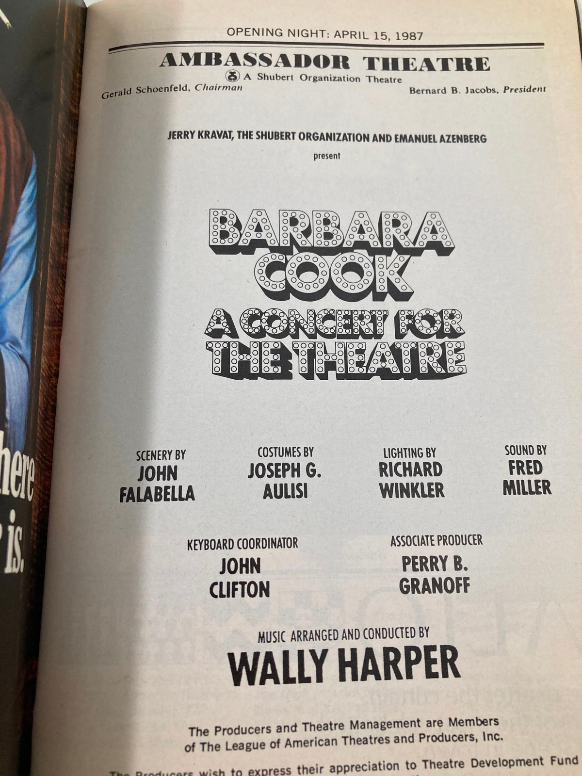 Another inside page of the 1987 Playbill for Barbara Cook's A Concert for Theatre, outlining the show's details including the opening night date and production team credits.