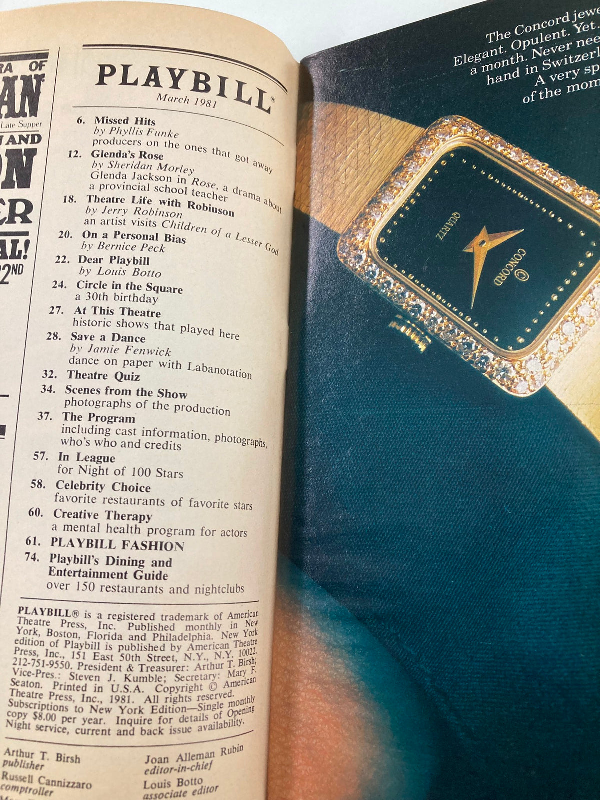 Inside page of the 1981 Playbill for 'Fifth of July,' showcasing theater listings and advertisements from March 1981.