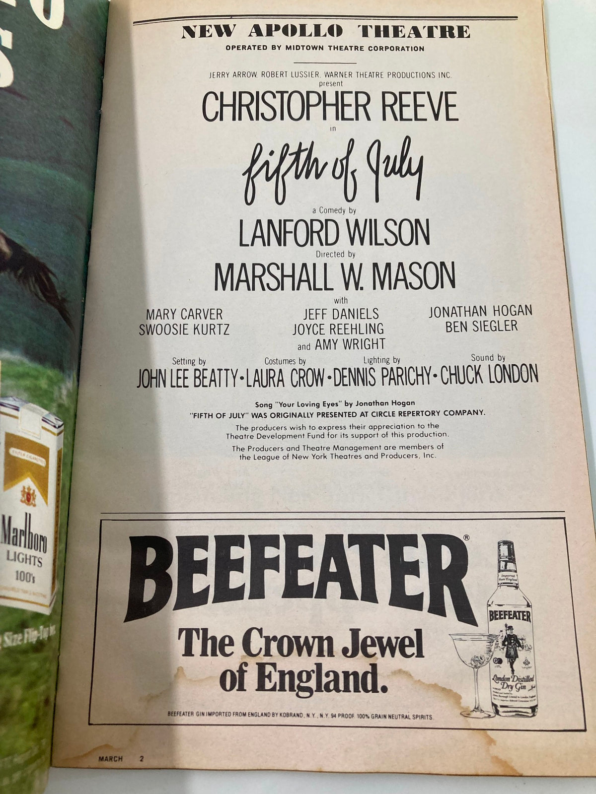 Another inside page of the 1981 Playbill for 'Fifth of July,' highlighting the cast and production information at New Apollo Theatre.