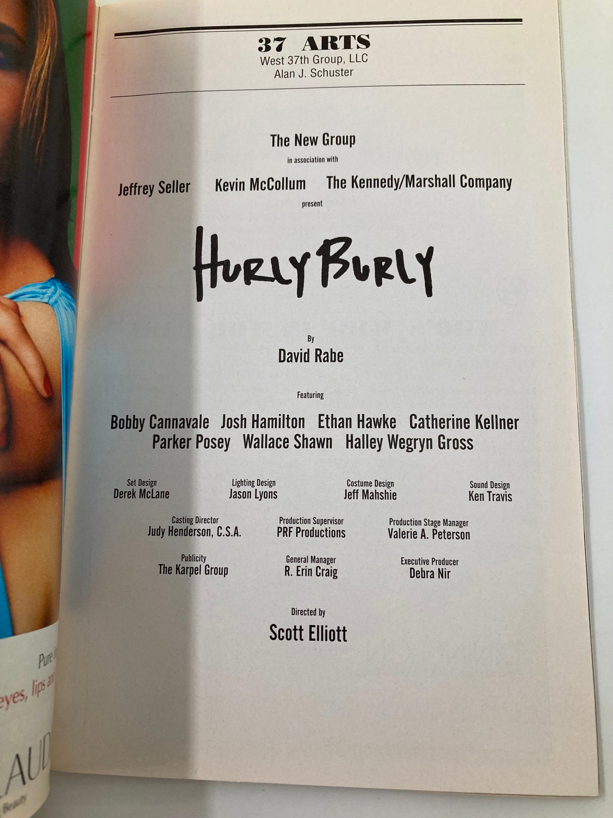 The cast list page of the 2005 Playbill for Hurly Burly, presenting the names of the performers including Bobby Cannavale, Josh Hamilton, and Ethan Hawke.