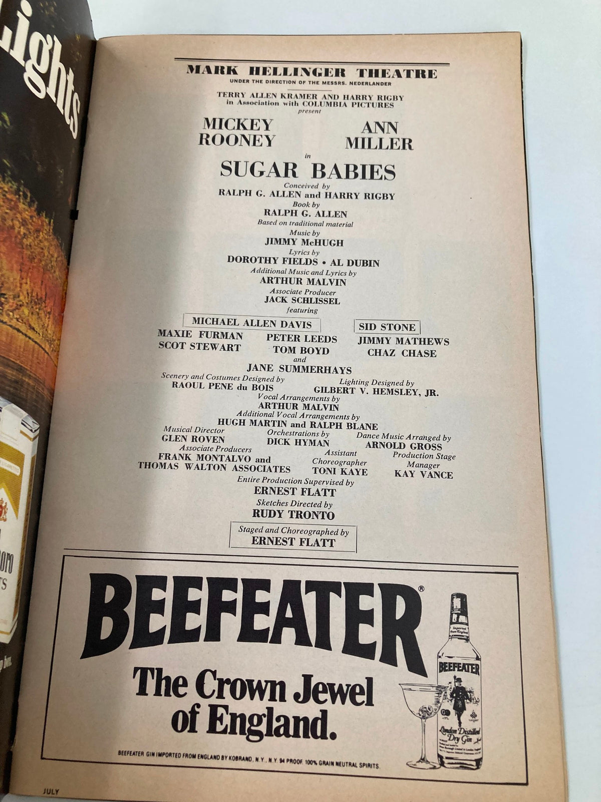 An inside page of the 1981 Playbill from Mark Hellinger Theatre, detailing the cast and crew of Sugar Babies, featuring Mickey Rooney and Ann Miller.