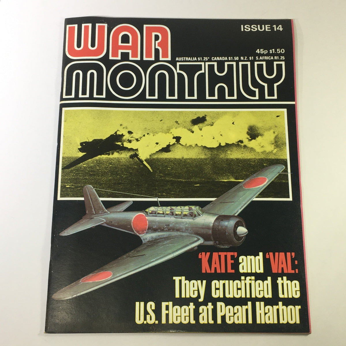Cover of VTG War Monthly Magazine Issue 14 from May 1975, featuring articles on 'Kate and Val' and the attack on the U.S. Fleet at Pearl Harbor. The cover showcases a vintage aircraft graphic and an illustration representing war themes.
