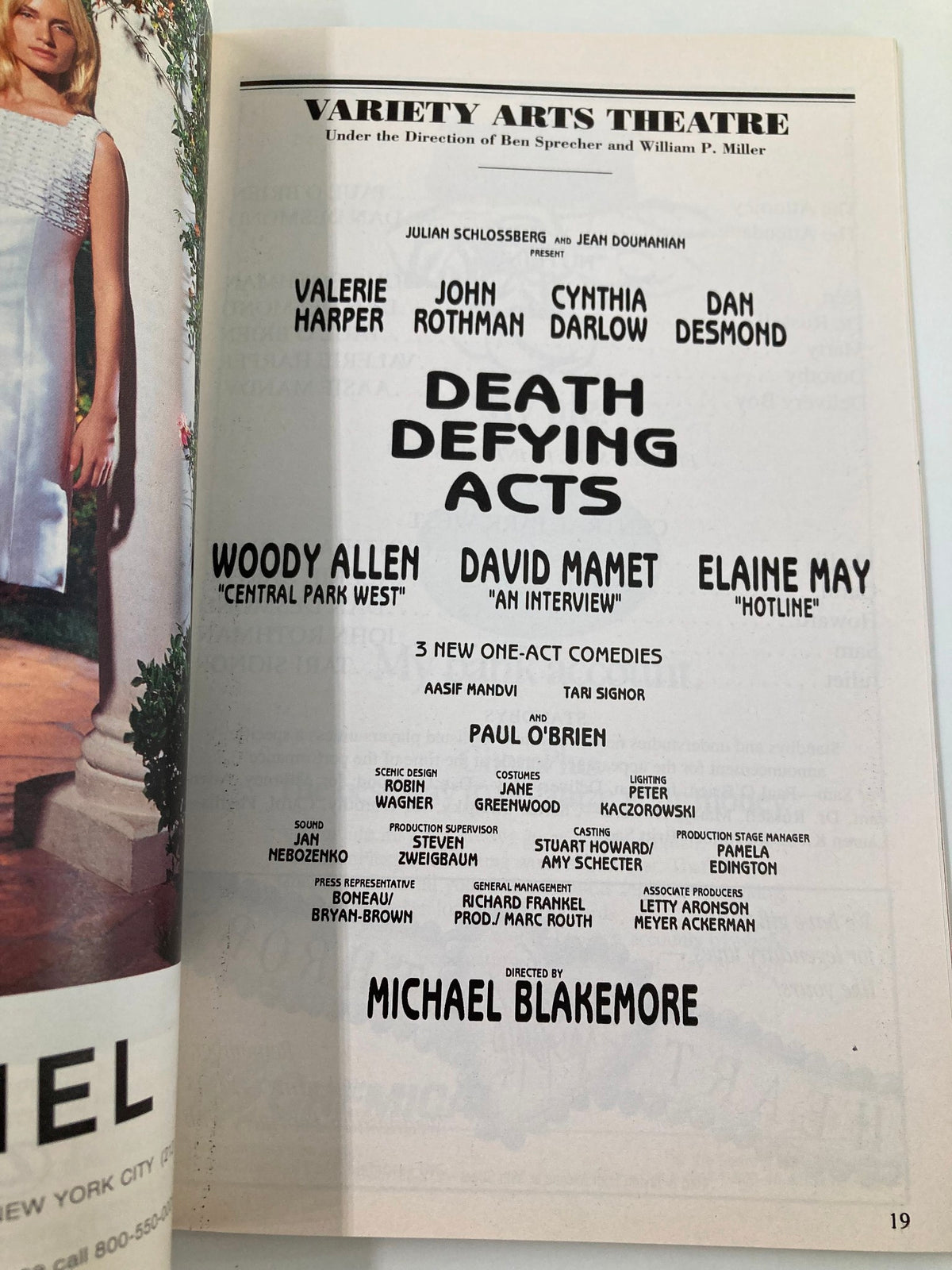 1996 Playbill for the Variety Arts Theatre featuring Valerie Harper in Death Defying Acts, showcasing the cast and production details on an illustrated page.