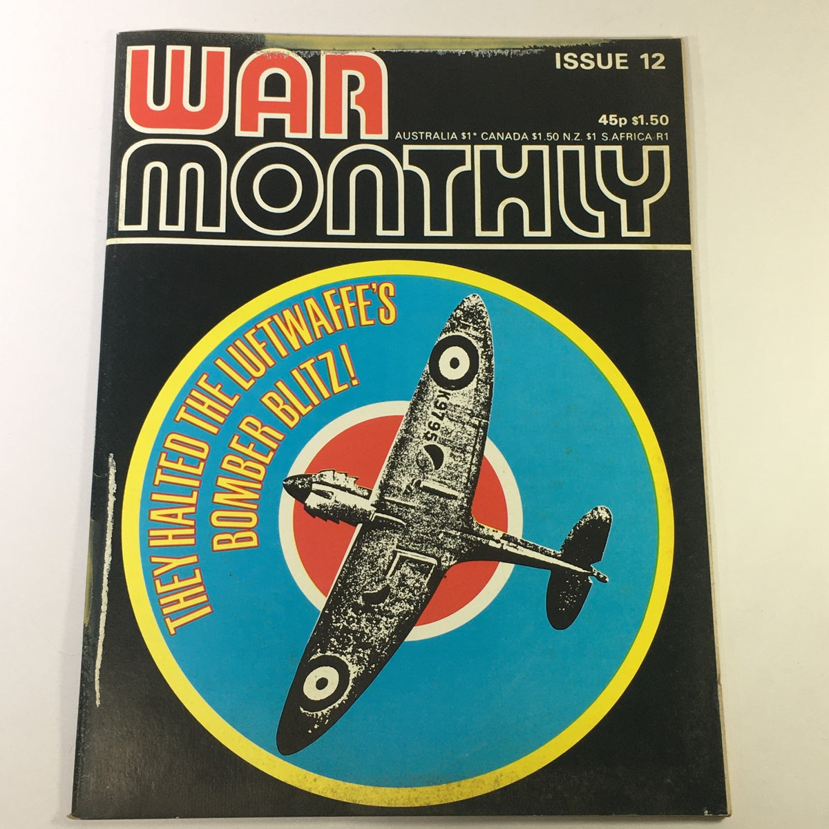 Cover of VTG War Monthly Magazine Issue 12 from March 1975, featuring a vintage aircraft with the headline about halting the Luftwaffe's bomber blitz, alongside details of the publication.