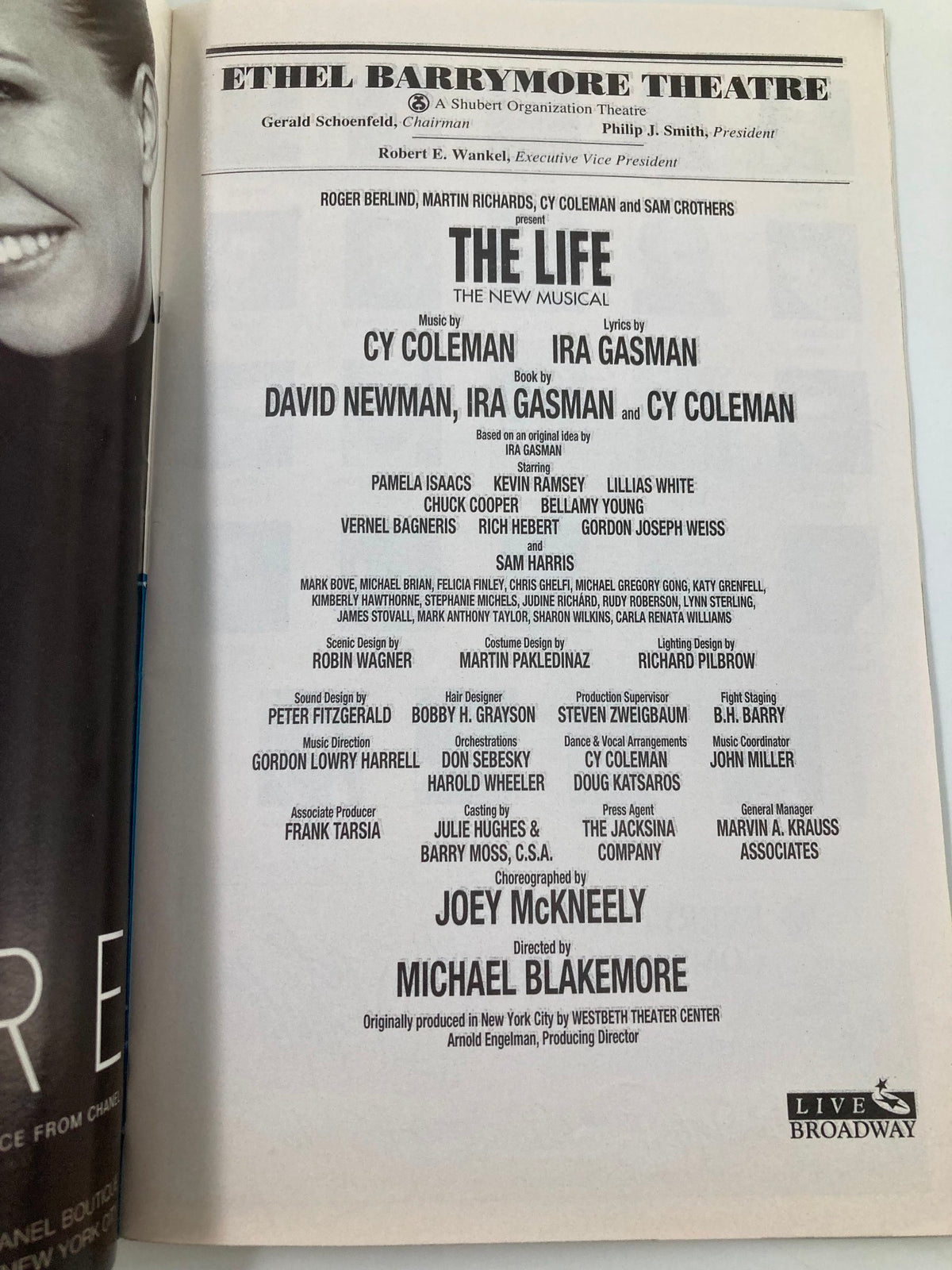 Cast list page from the 1997 Playbill for The Life at Ethel Barrymore Theatre, detailing the creative team and performers.