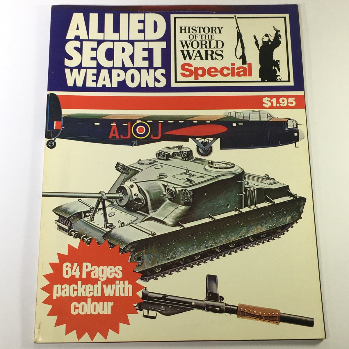 Cover of VTG History of the World Wars Special 1975 titled 'Allied Secret Weapons: Smokescreen'. The cover features a color illustration of a tank, a submachine gun, and a military aircraft, highlighting 64 pages packed with content about Allied secret weapons.