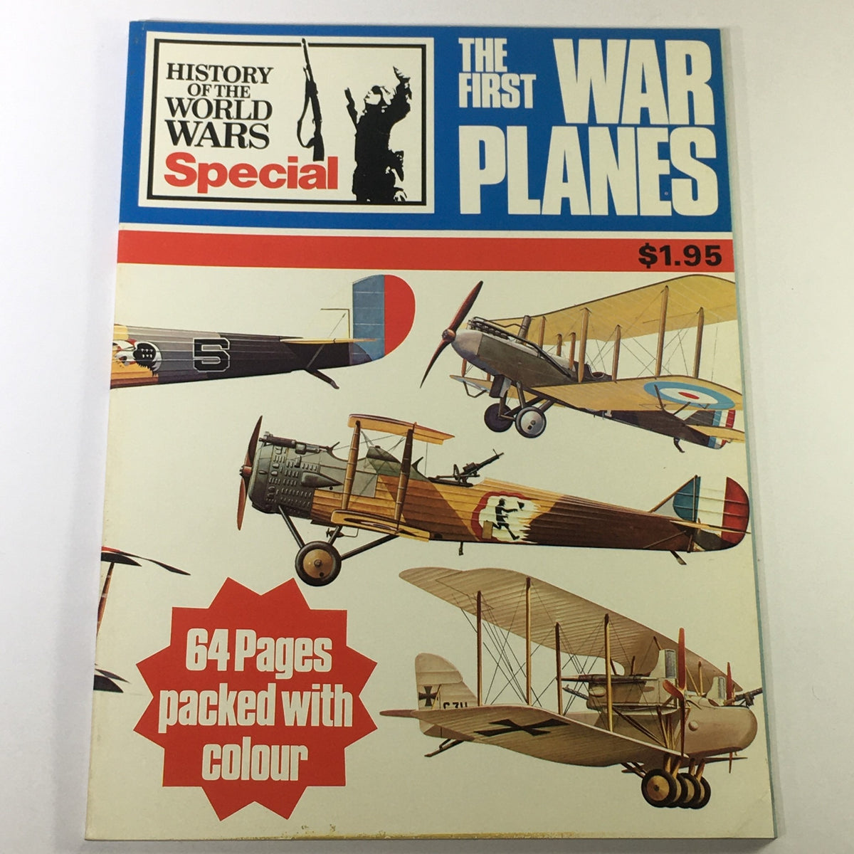 Cover of the magazine 'VTG History of the World Wars Special January 1972 - The First War Planes', featuring illustrations of early military aircraft, a price of $1.95, and a note stating '64 Pages packed with colour'.
