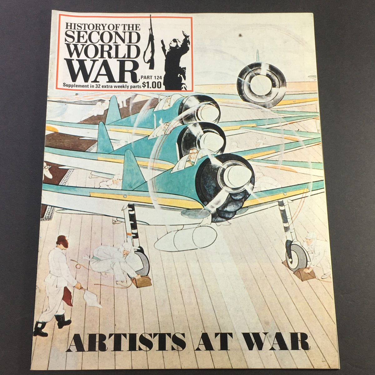 Cover of VTG History of the Second World War Part 124 1975 - Artist at War: Ronald Lewin, featuring artistic depictions of aircraft and personnel involved in wartime activities, highlighting the theme of artists contributing to the war effort.