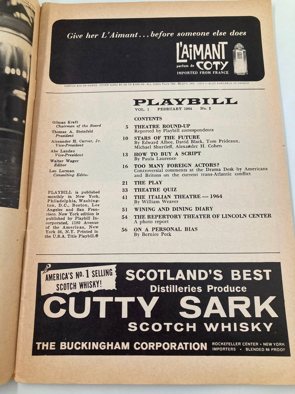 Inside page of the 1964 Playbill for 'Nobody Loves An Albatross', detailing contents and advertising, highlighting the theatrical history of the era.