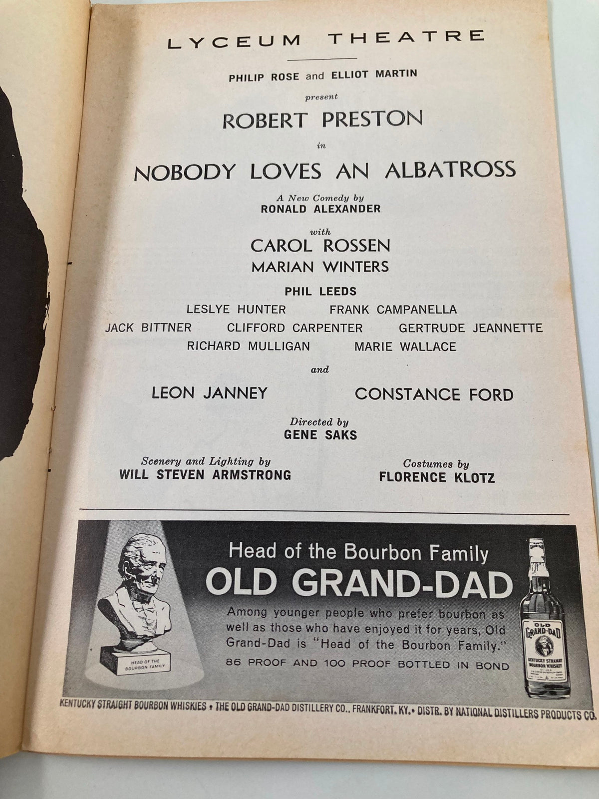 Details from the 1964 Playbill for 'Nobody Loves An Albatross' at the Lyceum Theatre, showcasing the cast and production team, significant for collectors and theatre enthusiasts.