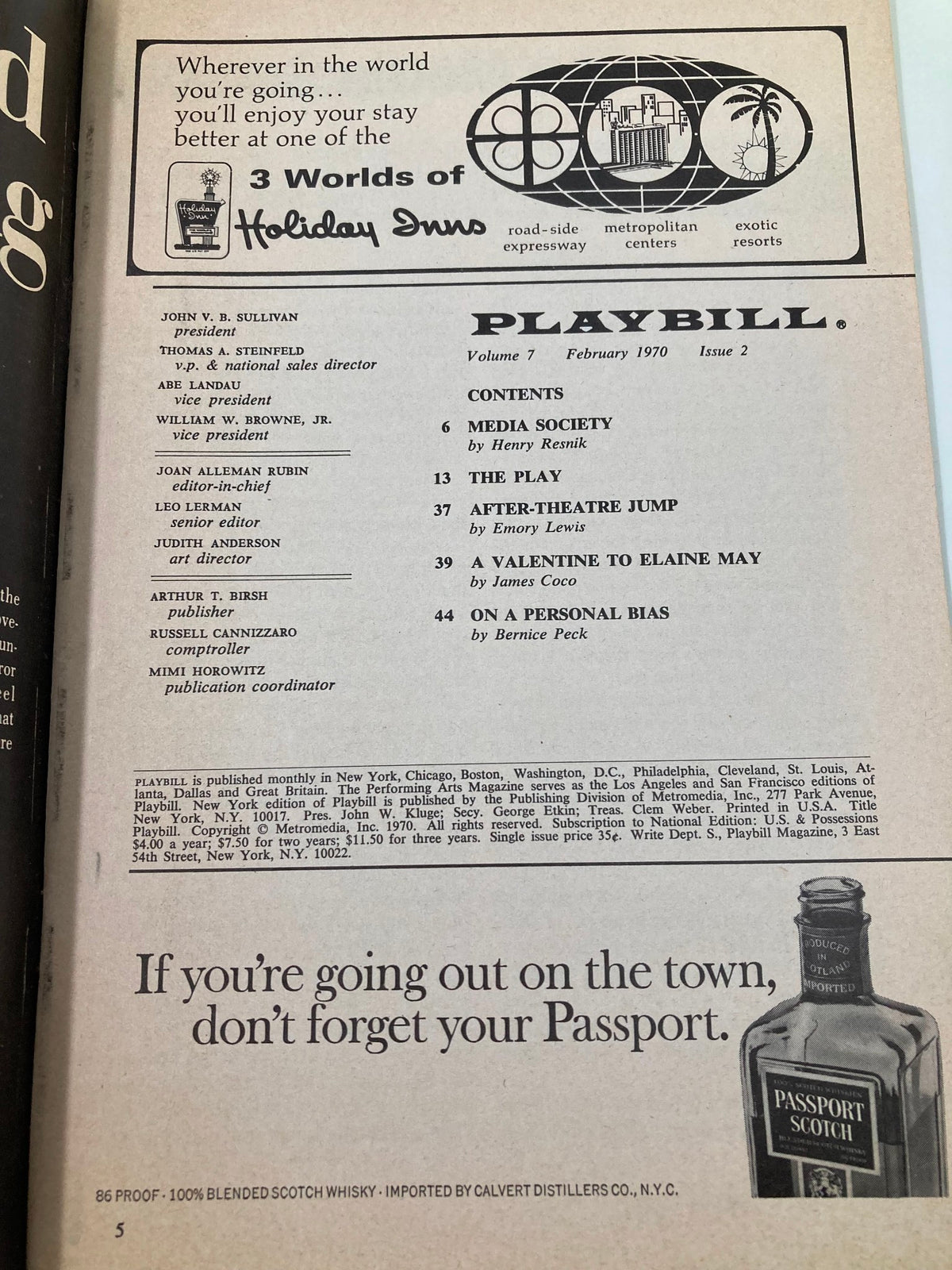 1970 Playbill from the Morosco Theatre, featuring contents and advertisements, February 1970 issue.