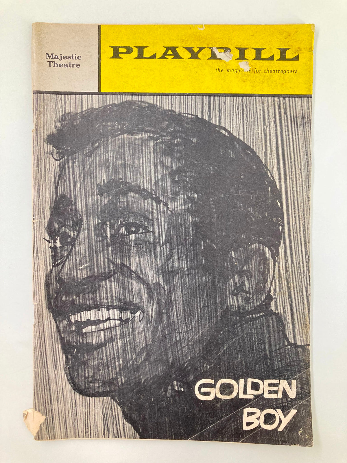 1965 Playbill from Majestic Theatre featuring Sammy Davis Jr. in The New Musical Golden Boy, showcasing vintage artwork with a smiling portrait.