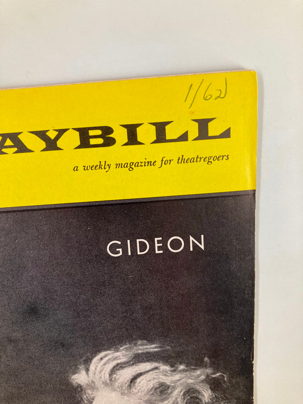 1962 Playbill from The Plymouth Theatre featuring Gideon, showcasing the title and a handwritten date.