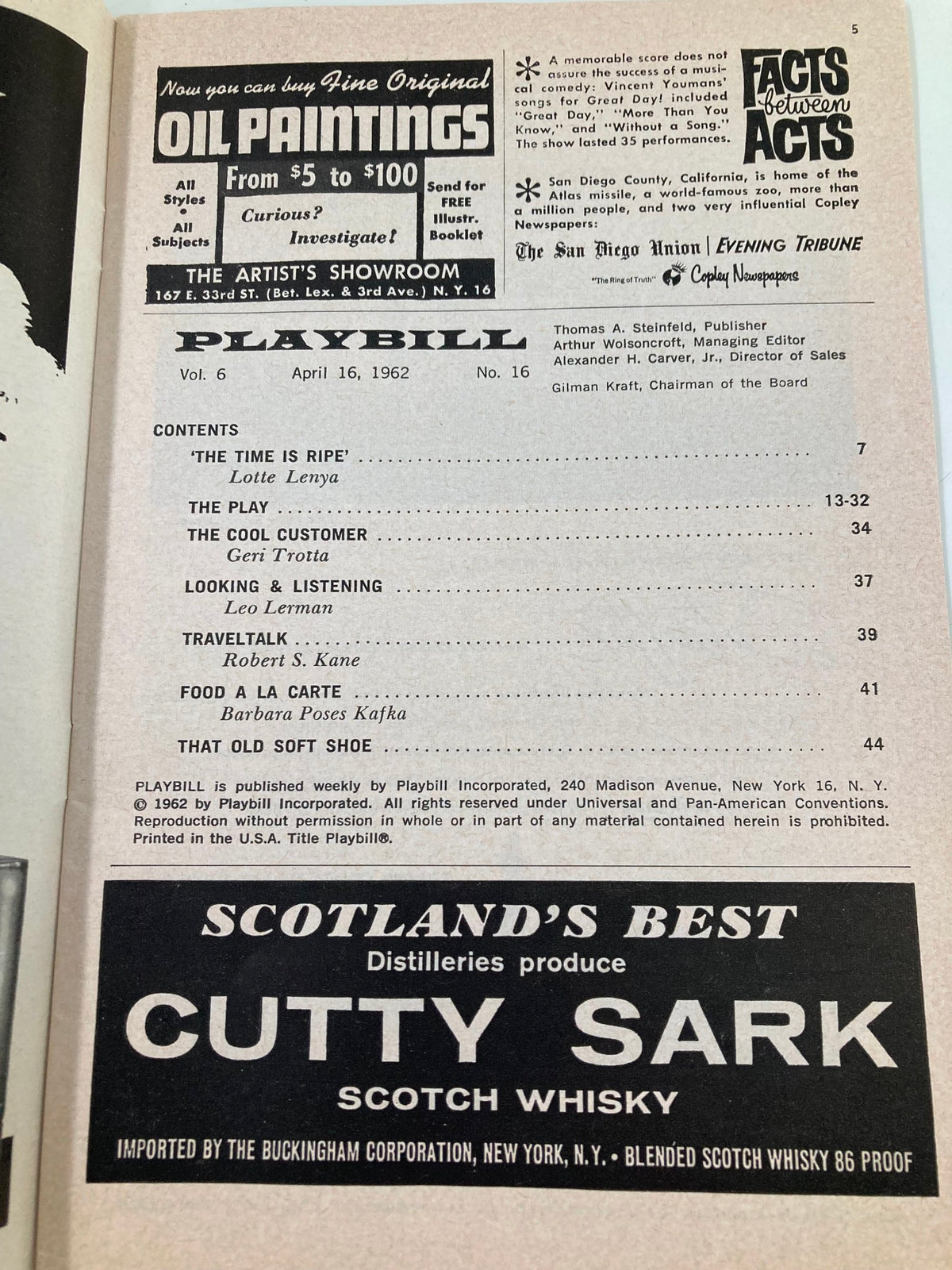 Interior page of the 1962 Playbill for A Thousand Clowns, detailing the contents and advertisements, reflecting mid-20th-century theatre culture.