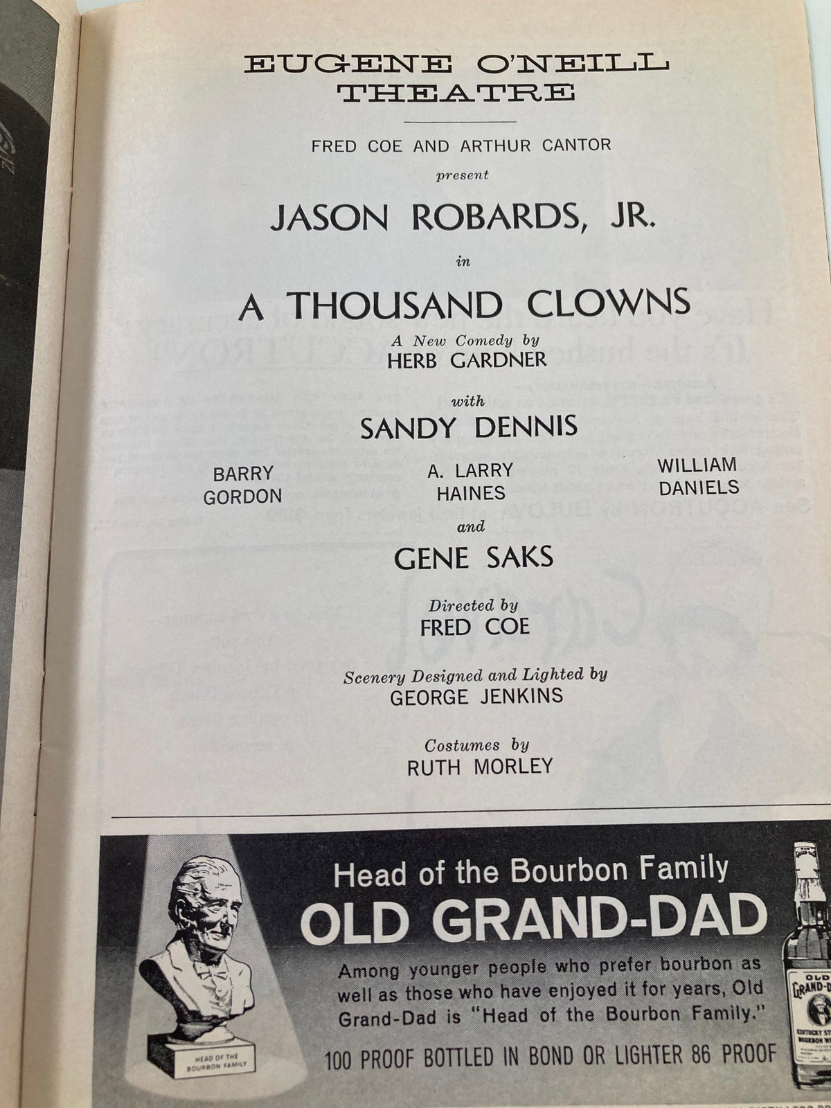 Credits page of the 1962 Playbill for A Thousand Clowns, presenting the cast and production team including Jason Robards Jr., highlighting the theatrical history.