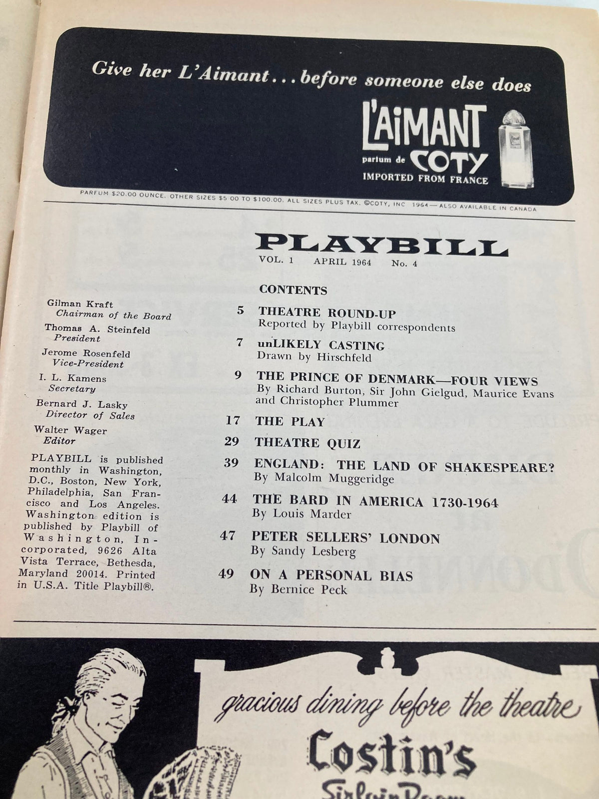 1964 Playbill National Theatre, inside page featuring the contents and highlights of the play Luther, including theater quiz and articles.